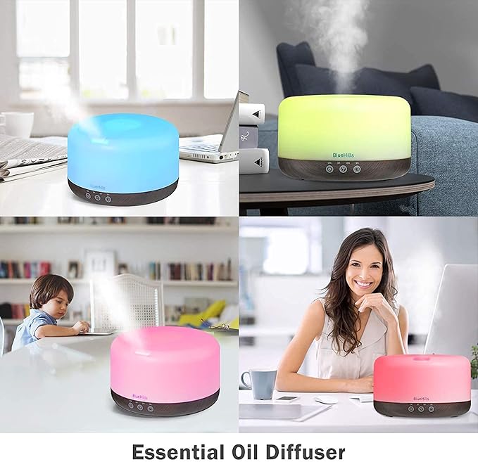 BlueHills Premium 1000 ML Large Essential Oil Diffuser Humidifier for Room Home Aromatherapy Big Capacity Oil Diffuser with Décor LED Lights Long Running Round Diffuser Dark Wood Grain – D002