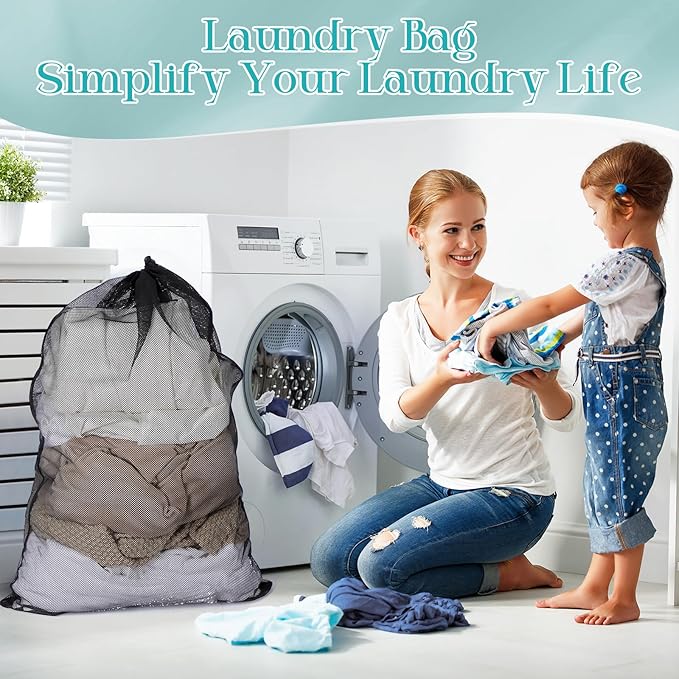 Aliceset 4 Pcs 24 x 36 Inches Mesh Laundry Bags with Drawstring Black Heavy Duty Mesh Laundry Bag with Handles Machine Washable Sheet for College Dormitory Family and Apartment Dwellers