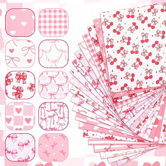 Ganeen 60 Pcs 10 x 10 Inch Pink Bows Quilting Fabric Squares Coquette Pink Bow Fat Patchwork Precut Strips Plaid Dot Heart Coquette Fabric Bundles for Holidays DIY Craft Sewing Handmade Material Gifts
