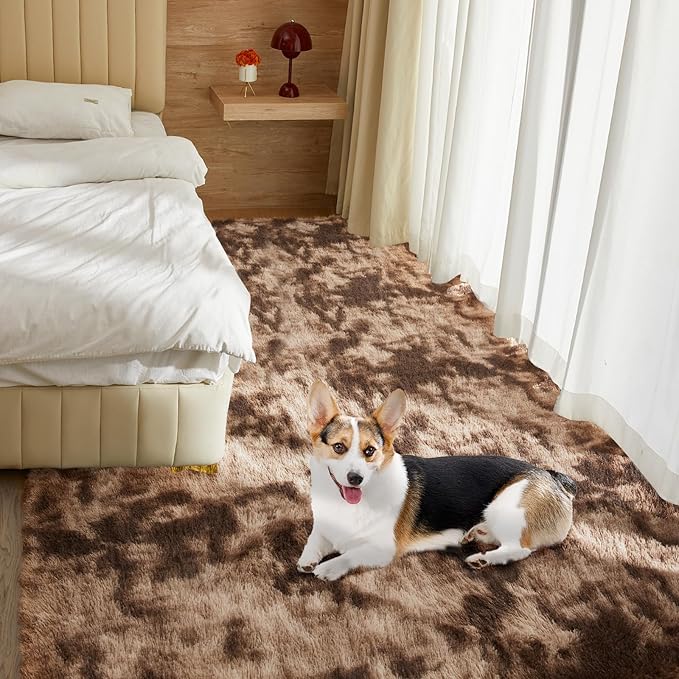 Ultra Soft Rug for Living Room, 9X12 Fluffy Shag Area Rug for Bedroom, Modern Shaggy Carpets Fuzzy Rug for Teens Dorm Nursery Home Decor Aesthetic, Upgrade Anti-Skid Durable, Tie-Dyed Coffee