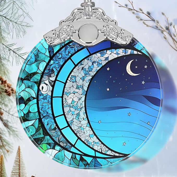 Art Blue Moonlight Stained Glass Orament - Christmas Ornament - Christmas Decorations for Tree - Holiday Present ldeas - Gift Exchange