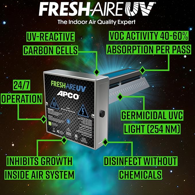 APCO Carbon Cell Matrix HVAC In-Duct UV Light Air Purifier with Pre-wired Plug, 2 Year Lamp