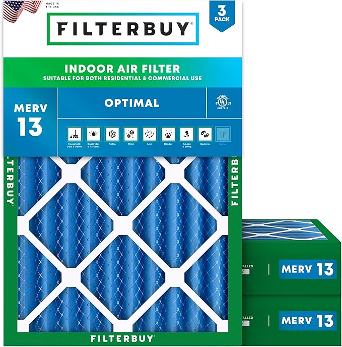 Filterbuy 14x20x4 Air Filter MERV 13 Optimal Smoke & Allergy Defense (3-Pack), Electrostatic Pleated HVAC AC Furnace Filters Replacement, Made in USA (Actual Size: 13.50 x 19.50 x 3.63)
