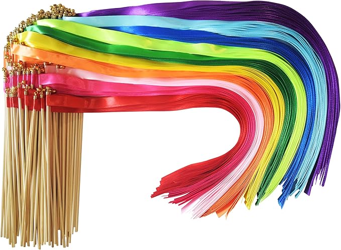 Kingsnow 100 Pieces Multi-Color Ribbon Wands Streamers Sticks with Gold Bell, Chromatic Silk Wish Wands Fairy Stick Party Rhythm Ribbon Streamers for Wedding Send Off Bridal Shower Party Photo Props