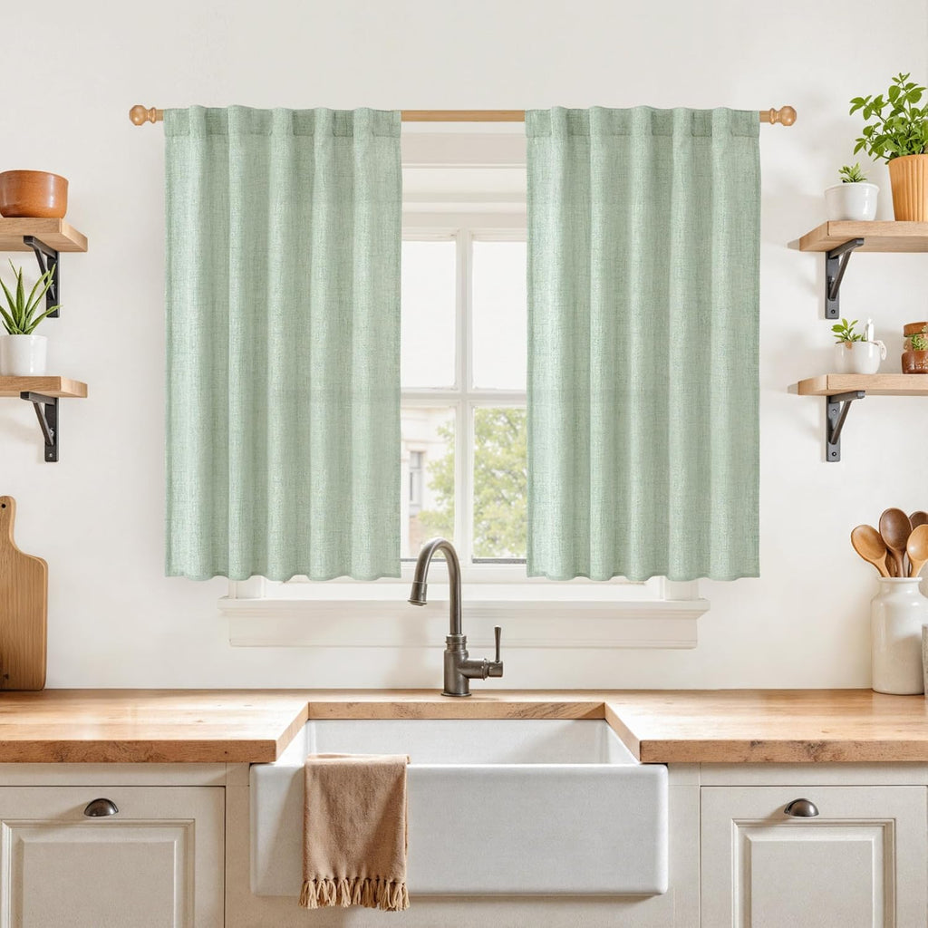 YoungsTex Sage Green Linen Semi Sheer Curtains 40 Inch Length for Kitchen Window, Short Drapes Light Filtering with Rod Pocket Back Tab for Cafe Bathroom, 2 Panels, 42 X 40 Inch