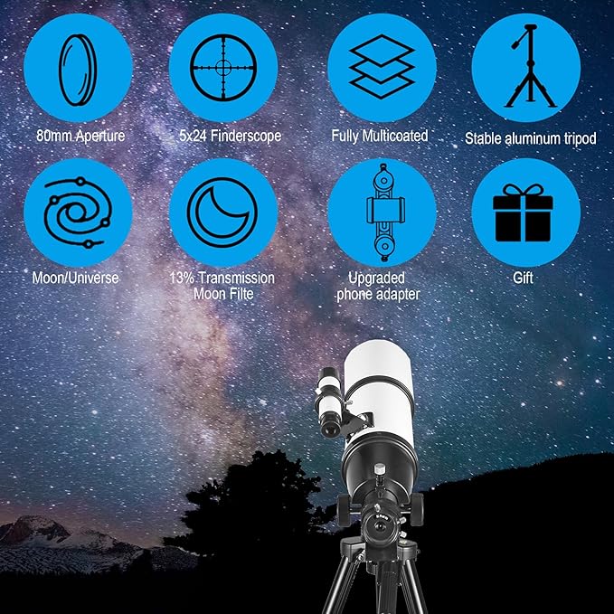 Telescope for Adults High Powered, 80mm Aperture 600mm Telescopes for Adults Astronomy, Travel Telescopio for Beginners with AZ Mount, Backpack, Phone Adapter, Moon Filter