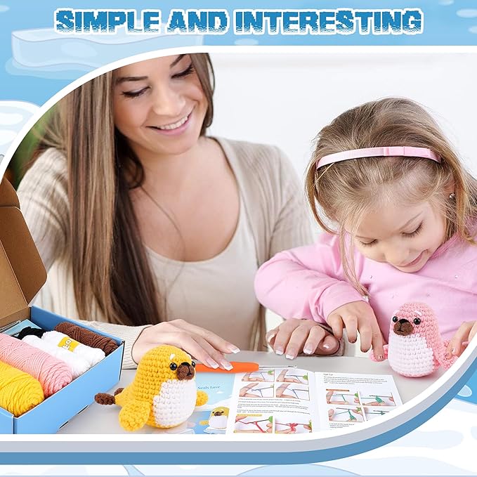 Crochet Kit for Beginners - Seal Crochet Kits with Step-by-Step Video Tutorials, Beginner Crochet Kit for Adults Kids, Crochet Animal Kit, 2 PCS Seals with a Fish Crocheting Set
