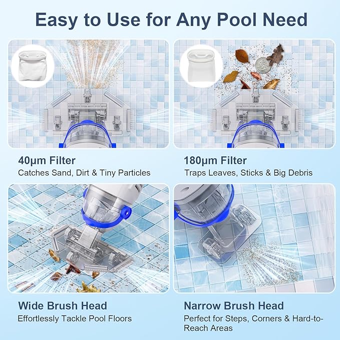 (2025 Upgraded) Cordless Pool Vacuum with Telescopic Pole, 60 Min Powerful Suction & Transparent Head, Rechargeable Handheld Cleaner for Above Ground Pools, Inground Pools, Hot Tubs and Spa