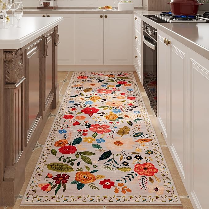 Rugcomf Runner Rug for Hallways Kitchen Rug Non Slip 2'6''x8' Washable Rugs with Rubber Backing Soft Floral Carpet Runner for Hallways, Kitchen, Laundry, Bedroom, Bathroom(Beige)