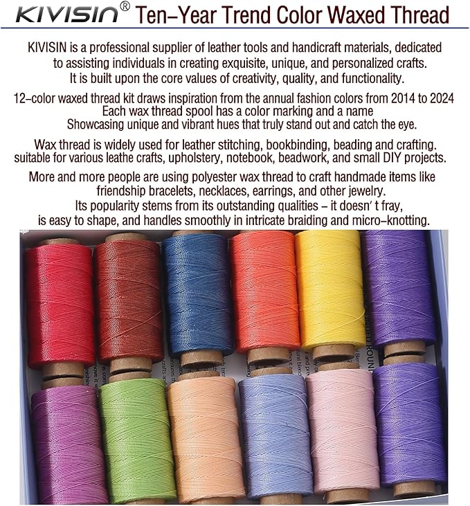12 Multicolor Round Waxed Thread, 0.45mm Thin and Stiff Wax Strings, 110 Yards/Spool, Polyester Waxed Cord for Fine Leather Sewing, Binding, Crafting, Bracelets and Micro-Macrame Jewelry Making