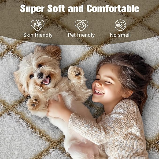 Fluffy Rug for Bedroom, 5X7Feet Stripe Checkered Rug Anti-Skid High Pile for Living Room Bedroom Kids Room Nursery, Dorm Home Decor