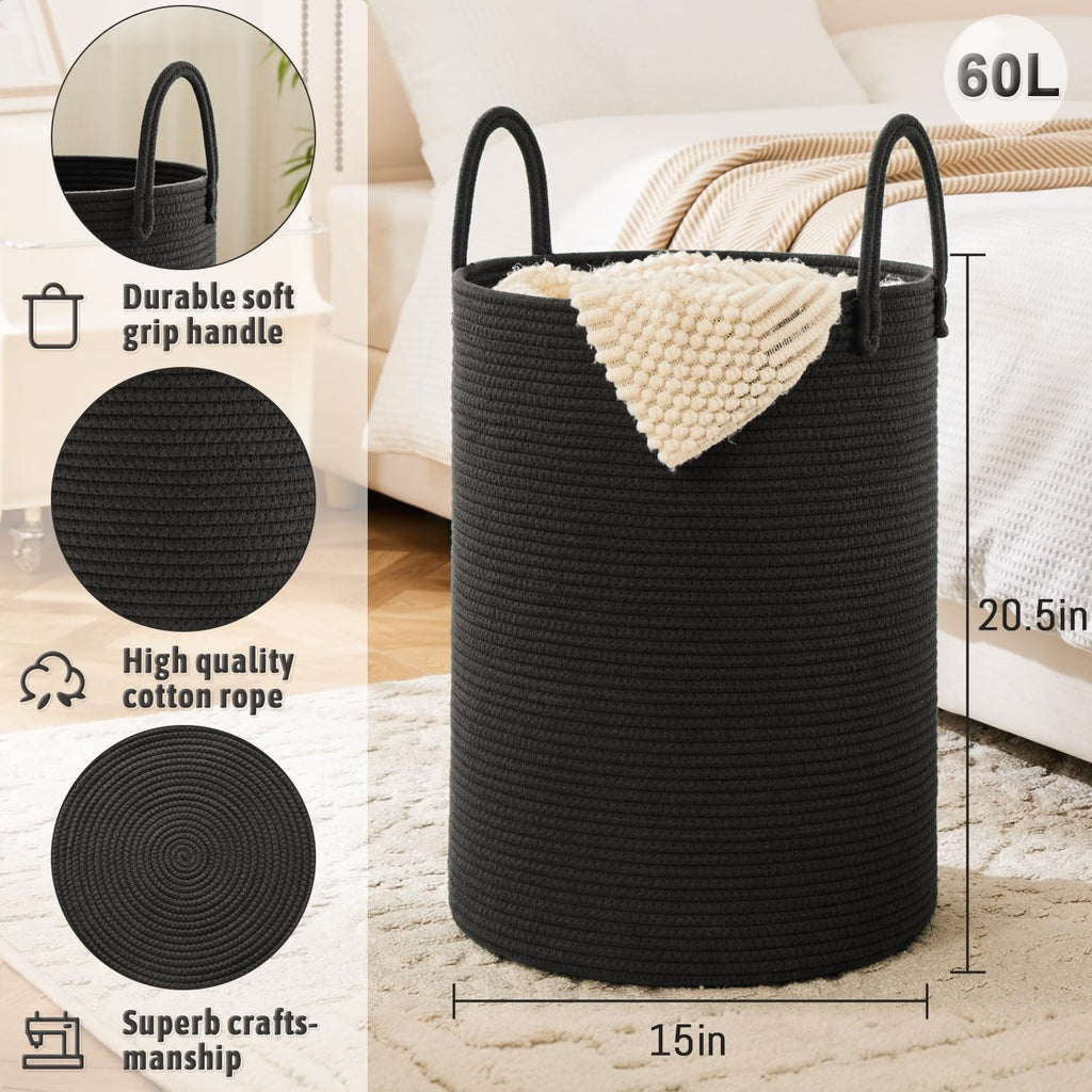 Laundry Basket,Woven Cotton Rope Laundry Hamper,60L for Decorative Storage of Dirty Clothes,Toys and Blankets in Bathroom,Baby Room and Living Room