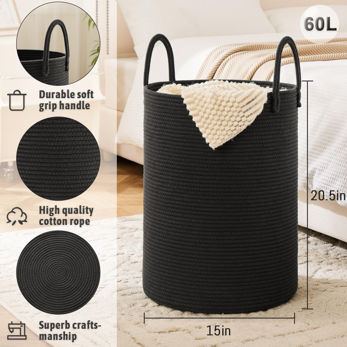 Laundry Basket,Woven Cotton Rope Laundry Hamper,60L for Decorative Storage of Dirty Clothes,Toys and Blankets in Bathroom,Baby Room and Living Room