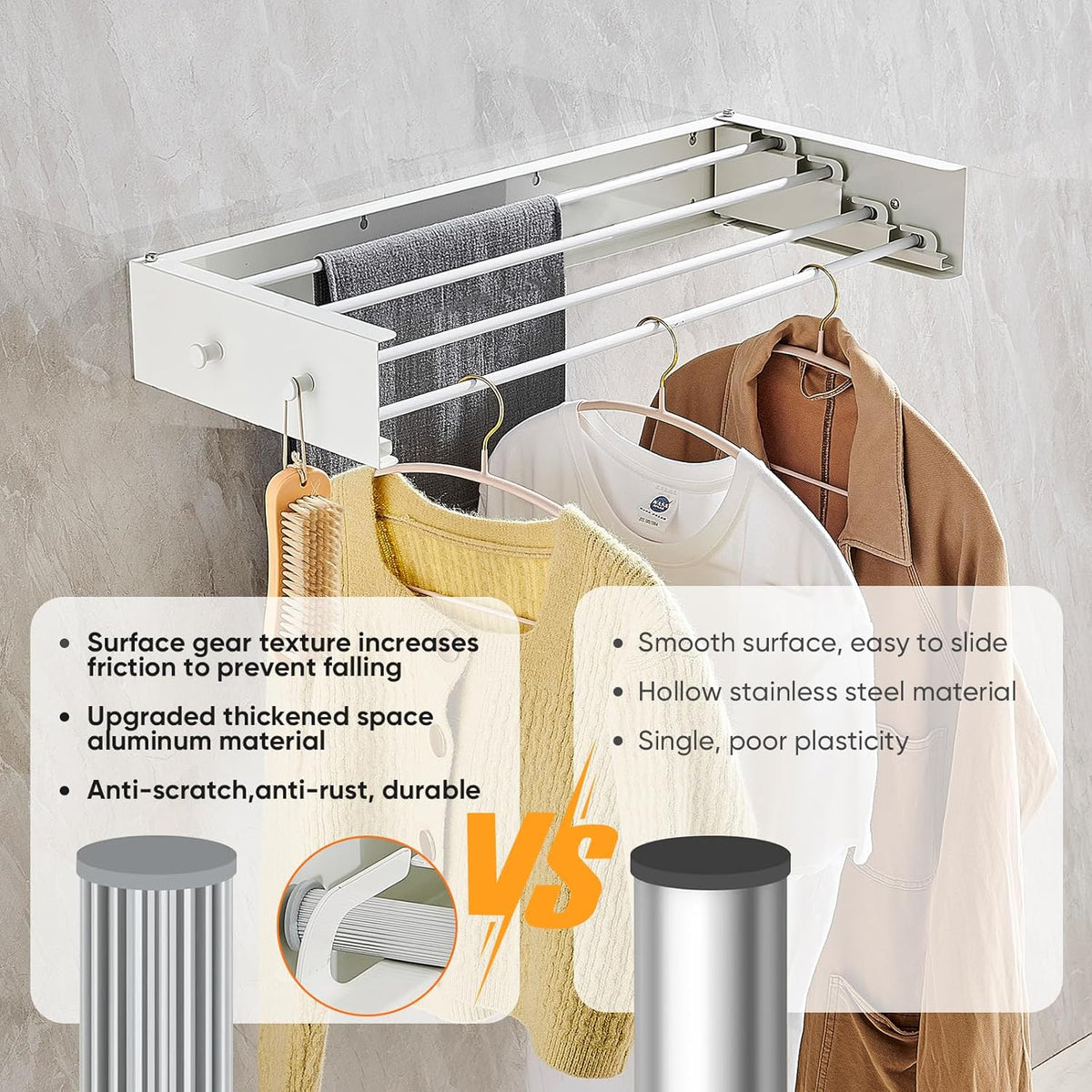 Clothes Drying Rack 20 inches Foldable Wall Mount Laundry Rack Folding Indoor Drying Rack Clothing Collapsible Hidden Space Saver with Wall Template 6 Rods White
