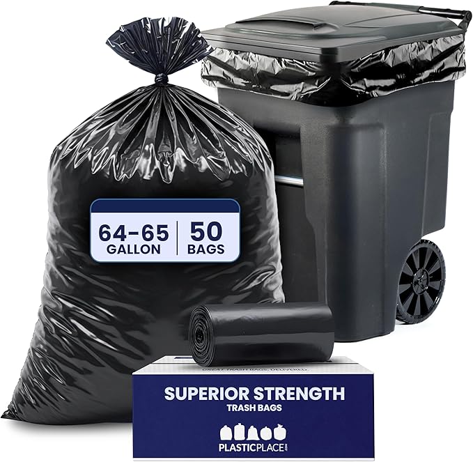 Plasticplace 64-65 Gallon Trash Can Liners for Toter │ 2.0 Mil │ Black Heavy Duty Garbage Bags │ 50” x 60” (50 Count)