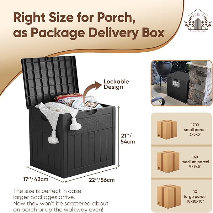 33 Gallon Deck Box, Small Outdoor Storage Box Waterproof, Lockable Secure Package Bin Delivery Box for Outside Front Porch, Patio Cushions Storage Box, Delivery Driver Snack Box for Porch, Black
