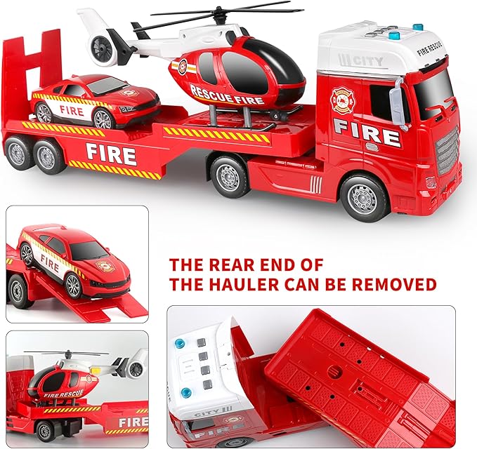 Dwi Dowellin 25.6" Semi Truck Toy with Racing Car and Helicopter for Kids Toddlers - Fire Toys,Birthday Gifts for Boy Toddler Child 2 3 4 5 6 Years Old