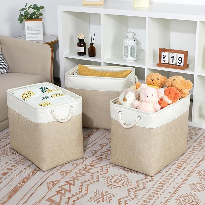 Bidtakay Extra Large Storage Baskets for Organizing 17x12x15.1 inch 3-Pack Fabric Closet Organizers Storage Bins with Handles Foldable Storage Baskets for Shelves Clothes XL-White&Beige