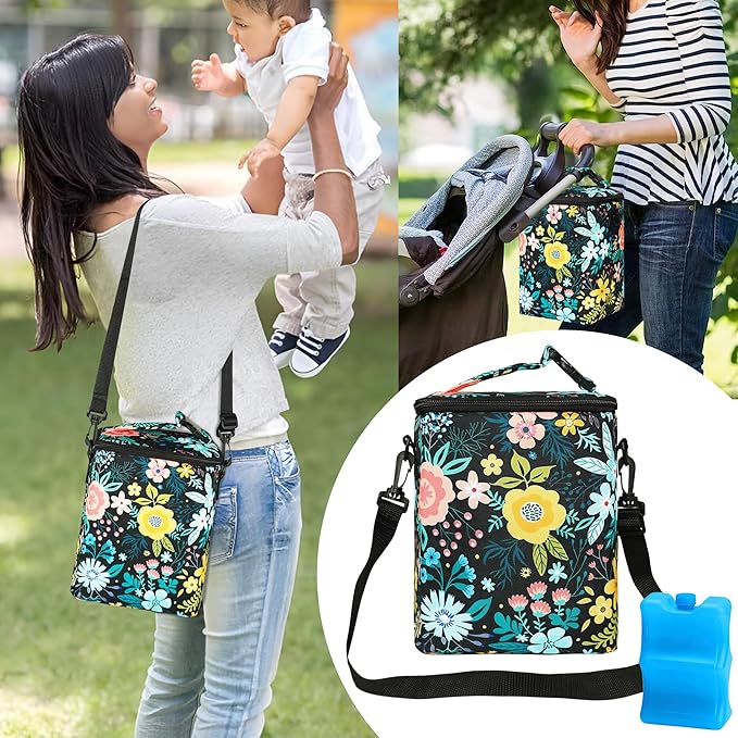 Breastmilk Cooler Bag with Ice Pack Fits Up to 9oz Bottles - Insulated Baby Bottle Cooler with Strap - Nursing Mom & Daycare Travel
