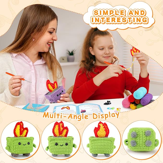 Crochet Kit for Beginners - 4PCS Dumpster Fire Complete Crochet Starter Kit with Step-by-Step Video Tutorials, Beginner Crochet Kits for Adults Kids Women, Funny Crochet Gifts