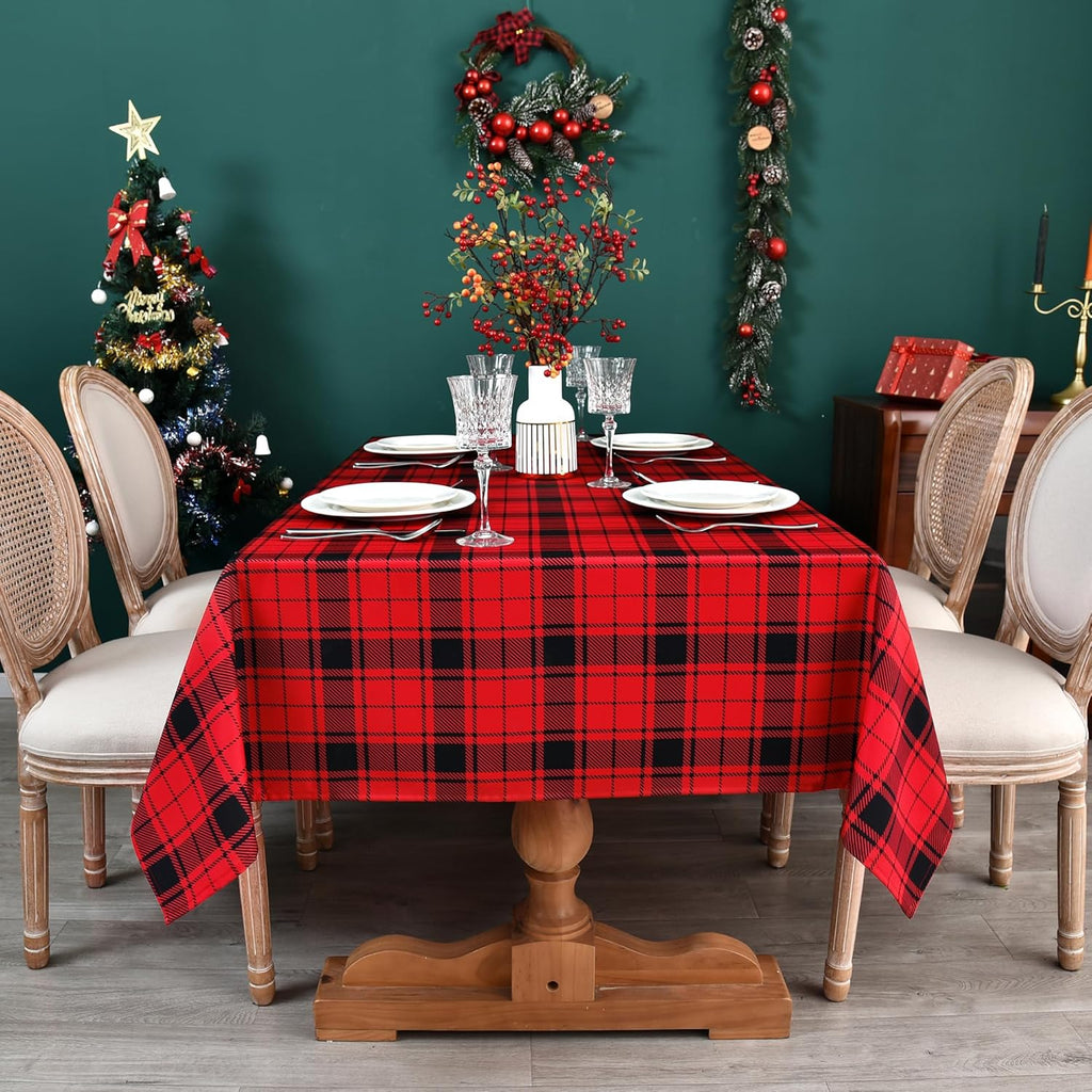 Waterproof Checkered Tablecloth Fabric - Rectangle 58x84 Inch Christmas Plaid Table Cloth for Indoor/Outdoor Use - Xmas Table Cover for Kitchen, BBQs, and Parties