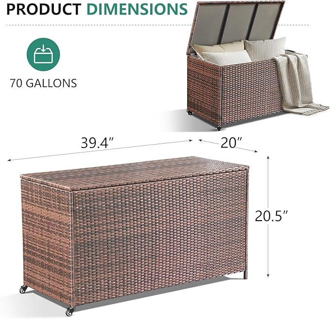 AVAWING 70 Gallon Wicker Deck Box, Outdoor Storage Container with 2 Universal Wheels & Hinged Lid, Patio Rattan Furniture for Garden Tools, Pillows, Pool, Brown