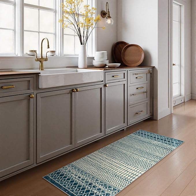 Moroccan Small Rug for Bedroom 2x4, Soft Non-Slip Indoor Door Mats for Entryway, Low-Pile Non-Shedding Blue Rug Vintage Rugs for Kitchen Bathroom Laundry Room