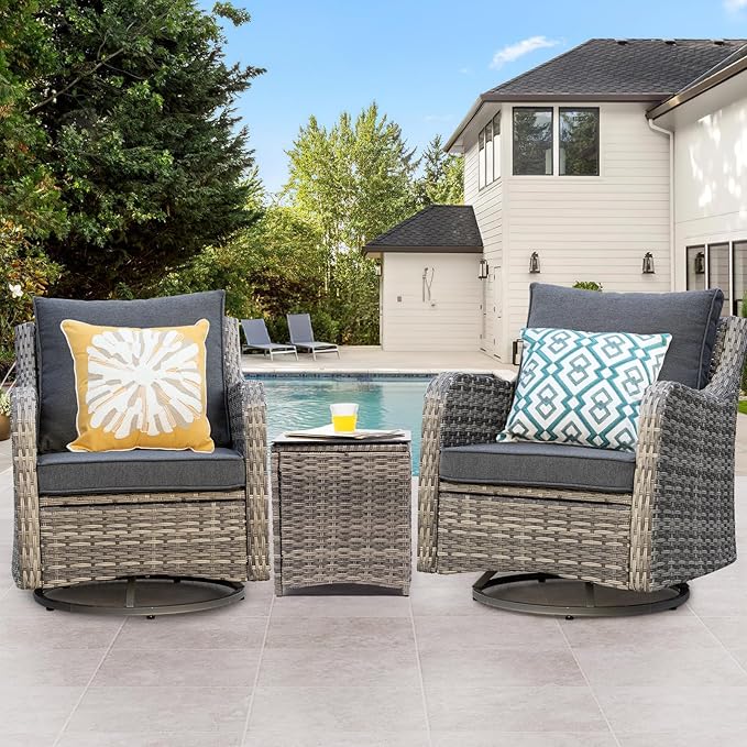 MEISSALIVVE 3 Pieces Patio Furniture Set, Outdoor Swivel Rocker with Washable Cushions & Tempered Glass Tabletop, Outdoor Rattan Conversation Set for Lawn Backyard Porch (Grey)