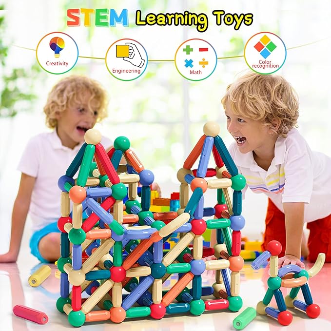 64Pcs Magnetic Building Blocks, Montessori Magnet Toys for Toddlers, STEM Learning Toys for Boys and Girls, Creativity Kids Games, ABS Material, Non-Toxic, Ages 3+, MGB-64
