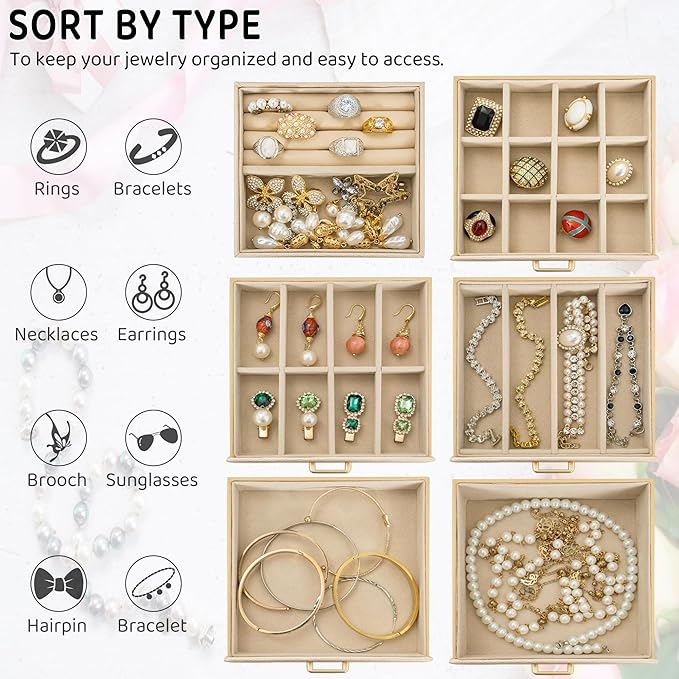 AKOZLIN 6-Tier Jewelry Box Lockable Leather Jewelry Storage Case with 5 Drawers for Women Girls Ring Necklace Earring Bracelet Holder Organizer with Mirror