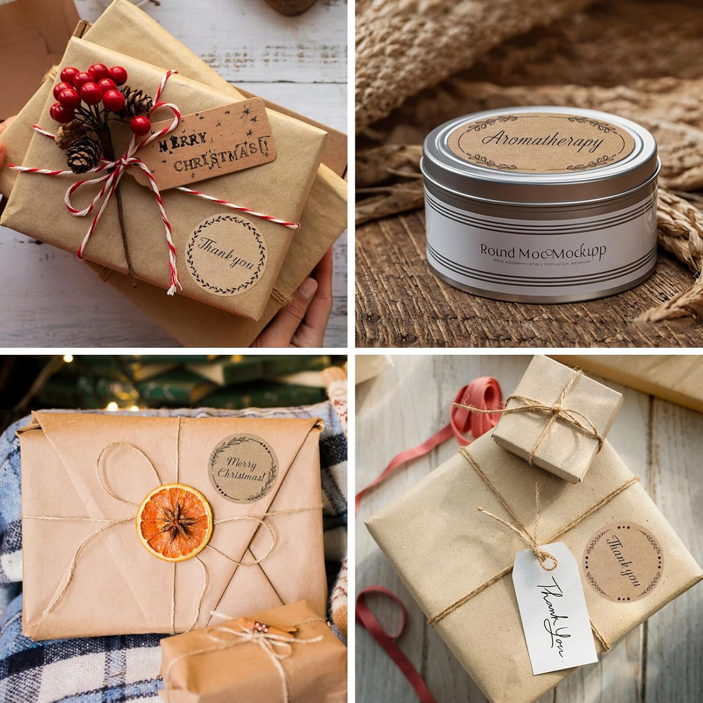 2" Brown Label Stickers for Jars and Lids, Kraft Sticker Labels for Pantry, Mason Jars, Canning, Bottles, 6 Different Drawn Wreath Designs, Kraft Paper/ 500pcs