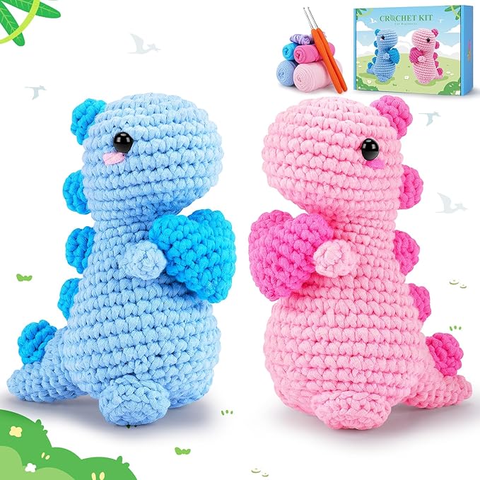 Heart Dinosaurs Crochet Kit for Beginners - 2PCS Blue and Pink Dinosaurs Crochet Kit with Step-by-Step Video Tutorials, Dinosaur Crochet Starter Kit for Adult Kid, Crochet Stuffed Animal Knitting Kit