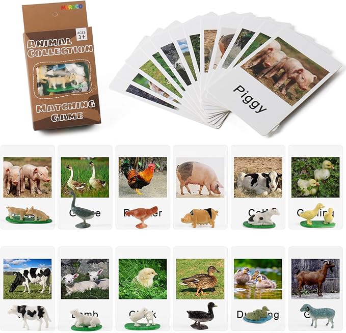 MEROCO Montessori Animal Match - Miniature Farm Animal Toy Figurines with Matching Cards Montessori Language Materials Preschool Learning Toy NEWT033