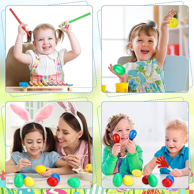 120 Pcs Musical Instruments Learning Percussion Toy Include 24 Plastic Egg Shakers 24 Hand Held Sand Hammers Maracas Rattle 24 Hand Clappers 24 Rhythm Sticks Wood Lummi Sticks 24 Finger Castanets