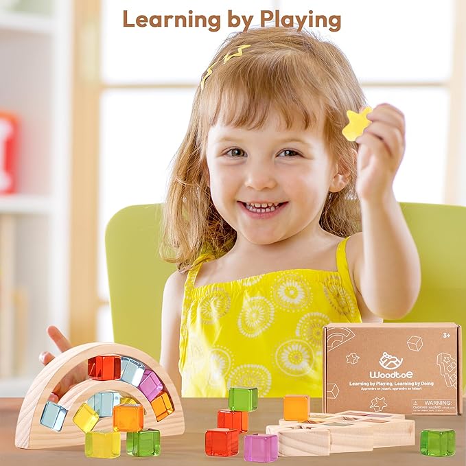 Wooden Building Blocks Set for Kids, Rainbow & Tree Shaped Wood Frame - 24 PCS Rainbow Gem Cubes Stacking Blocks, Montessori Stacking Toy for Toddlers, Early Learning Gifts for Boys Girls 3-6