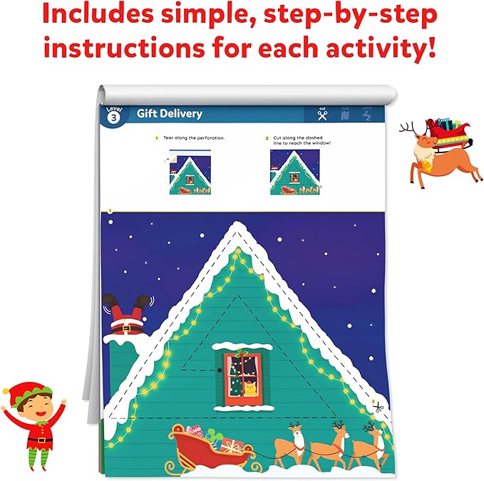 Skillmatics Scissor Skills Activity Book - Snip Snip Christmas, 25 Fun Cutting & Creative Activities for Preschoolers, 2 Child-Safe Scissors, Felt Craft Kit, Gifts for Kids Ages 3, 4, 5, 6, 7