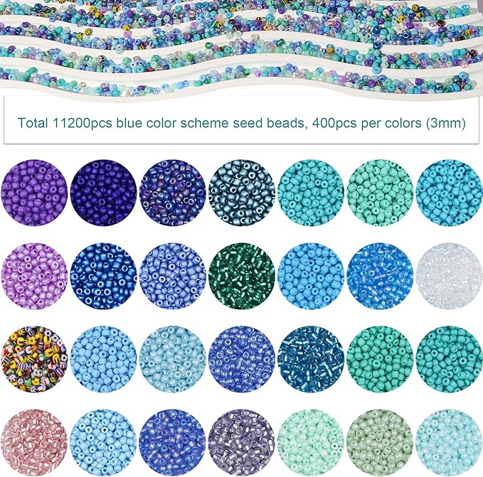 11200pcs Glass Seed Beads for DIY Crafting Bracelet Necklace Embroidery Jewelry Making Supplies (3mm, 400pcs/Color, 28 Colors, Blue Scheme)
