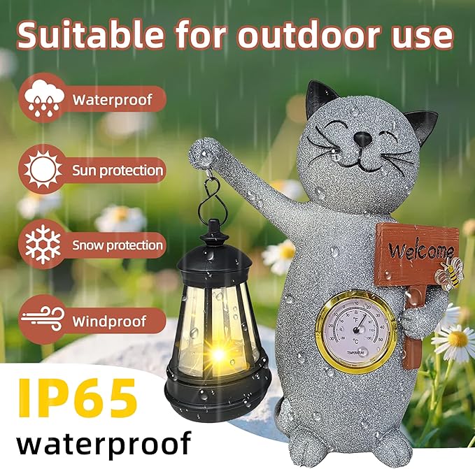 Solar Cat Outdoor Statues for Garden-Creative Thermometer-Lantern-Welcome Sign, Suitable for Yard Art, Lawn Ornaments, Porch, Terrace, Alcove, Home, House Outdoor, Cat Garden Decoration
