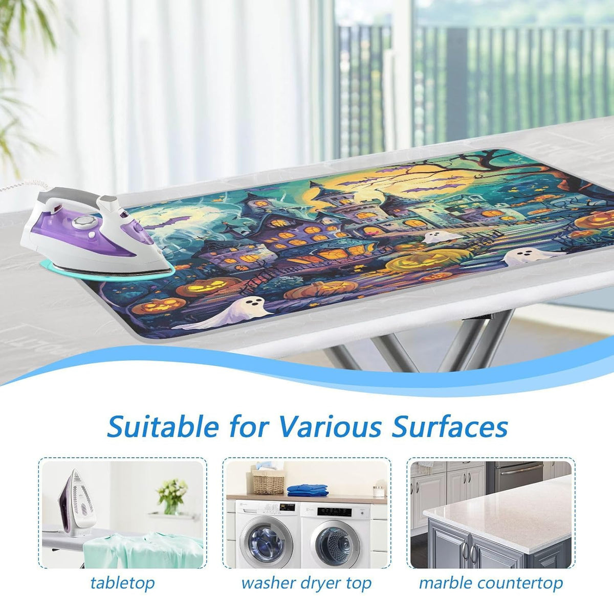 Cute Cartoon Halloween Bat Castle Ghost Pumpkin Ironing Mat Thickened Ironing Blanket Travel Portable Double-Side Using Ironing Pad Travel Isolate Heat Pad Cover for Washer Dryer Table Top Coun