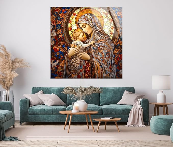 My Photostation.com 27Wx43H'' Jesus and Virgin Mary Glass Wall Art Tempered Glass Printing Wall Decor Large Wall Art Wall Hangings