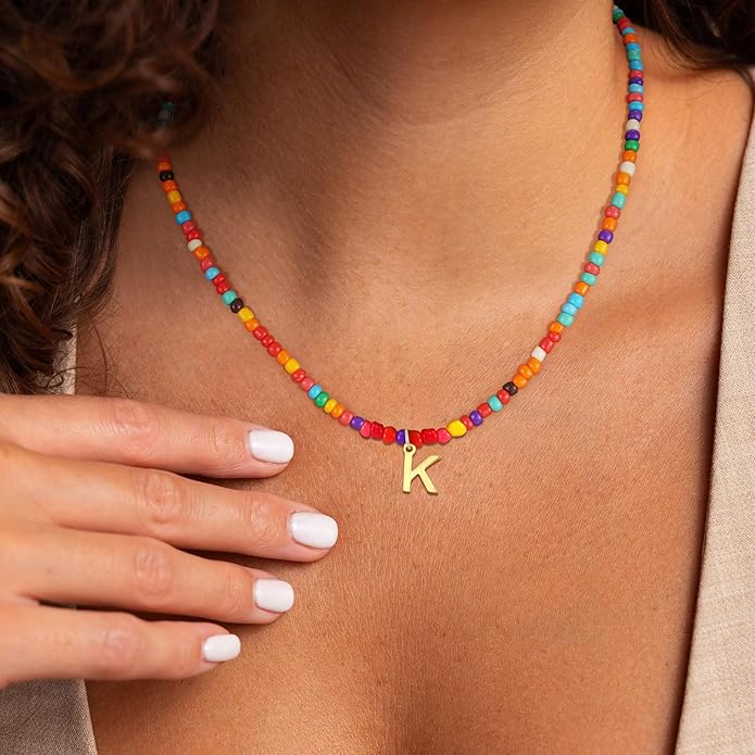 Colorful Initial Necklaces for Girls Kids Women, Cute Beaded Initial Necklace Teen Girl Gifts Trendy Stuff, Bohemian Letter Necklace Birthday Gifts for Women Girls Jewelry