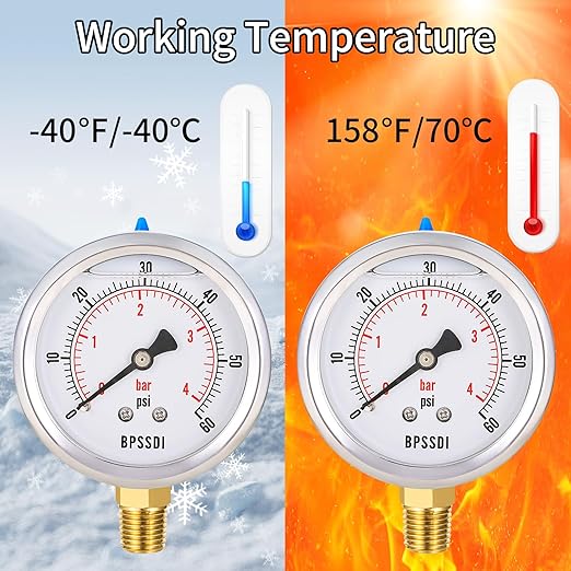 0-60 Psi Glycerin Liquid Filled Low Pressure Gauge, 2.5" Dial Size, 1/4" NPT Lower Mount, 304 Stainless Steel Case, for Water Oil Air Pressure Test, Refrigeration Systems(Such as Evaporators)