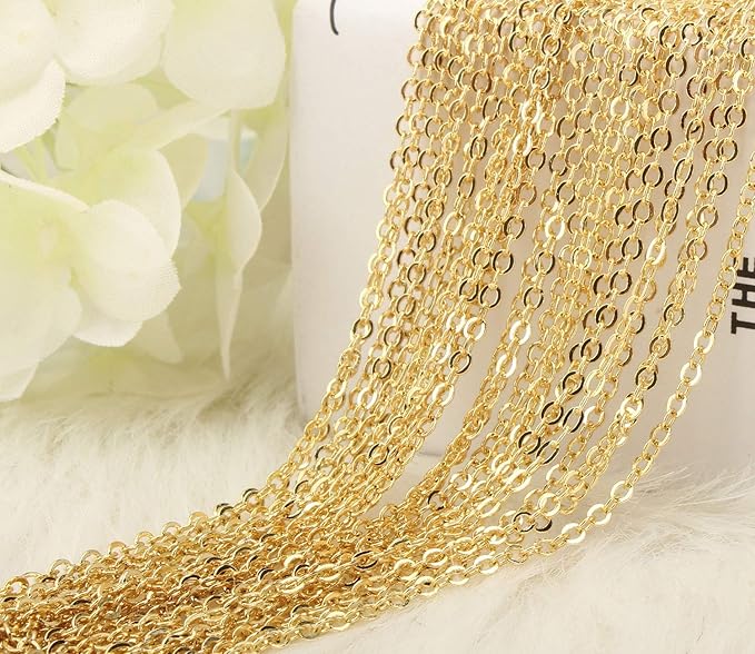 Wholesale 12 PCS Gold Plated Brass Flat Cable Chain Finished Necklace Chains Bulk for Jewelry Making (18 Inch(1.5MM))
