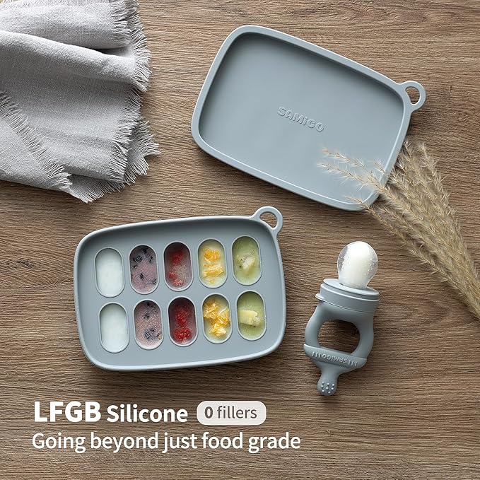 SAMiGO Baby Food Fruit Feeder and Breastmilk Popsicle Mold Set, Silicone Fruit Teether, Food Feeder Pacifier for Teething Relief, Freezer Tray, Baby Feeding Essentials, 4 Months+
