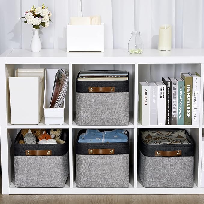 DULLEMELO Canvas Storage Bin with Handles, Fabric Bins for Shelves, Bedroom, Office,Nursery,Fabric Storage Baskets for Toys, Clothes,Gift(Black&Grey,15"x11"x9.5",4-Pack)