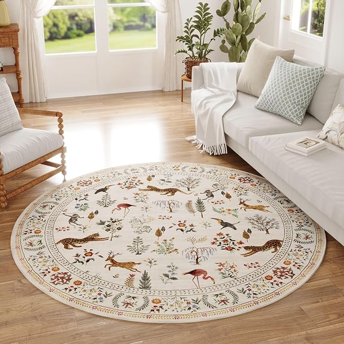 Rugcomf Round Rug 4ft Washable Circle Rug Non Slip Low Pile Boho Floral Animal Small Circular Rug for Bedroom, Bathroom, Entryway, Kids Room, Office, College Dorm (Beige)