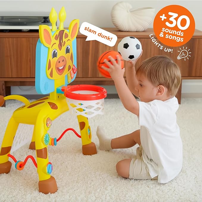 Move2Play, Giraffe Basketball Hoop & Soccer Goal Activity Center | 30+ Sounds & Songs + 5 Lights | 1 2 3 Year Old Birthday Gift for Boys and Girls | Toy for Baby & Toddlers (Yellow)