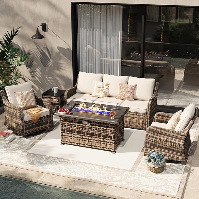 MEISSALIVVE 5 Pieces Patio Furniture Set with 43" Fire Pit Table, Wicker Patio Conversation Set with Swivel Rocking Chairs, Outdoor Patio Set for Lawn Backyard Porch (Brown)