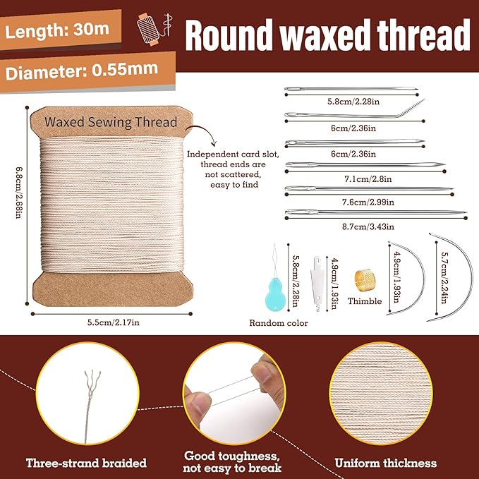 Repair Sewing Kit, Upholstery Needle and Thread Kit with 32 Yard Waxed Thread and 8 Pcs Heavy Duty Leather Needles for Hand Stitching, Canvas & Quilting - 0.55mm Round Waxed Cord Beige