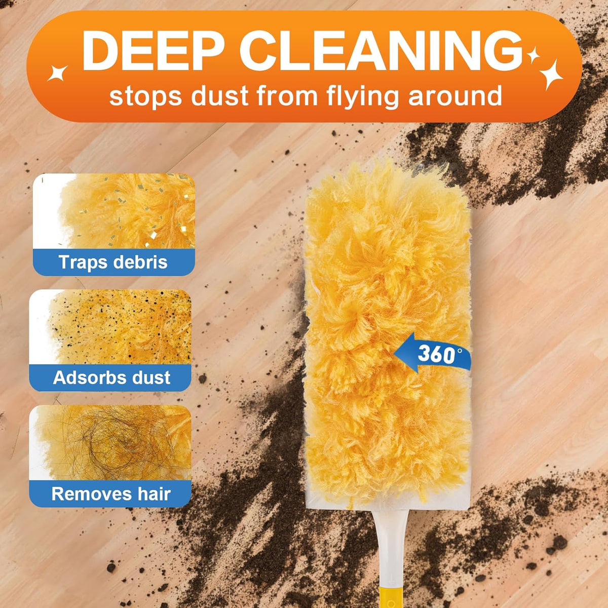 Heavy Duty Duster Refills, Disposable Dusters Kit for Cleaning Dusting Furniture Blind Ceiling Fan, Multi Surface 360 Feather Duster(60)+3FT Extended Handle +1 Handle